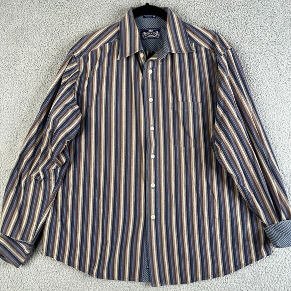Robert Graham Shirt Mens L Gray Blue Striped Button Long Sleeve Flip Cuff Pocket - Picture 1 of 11